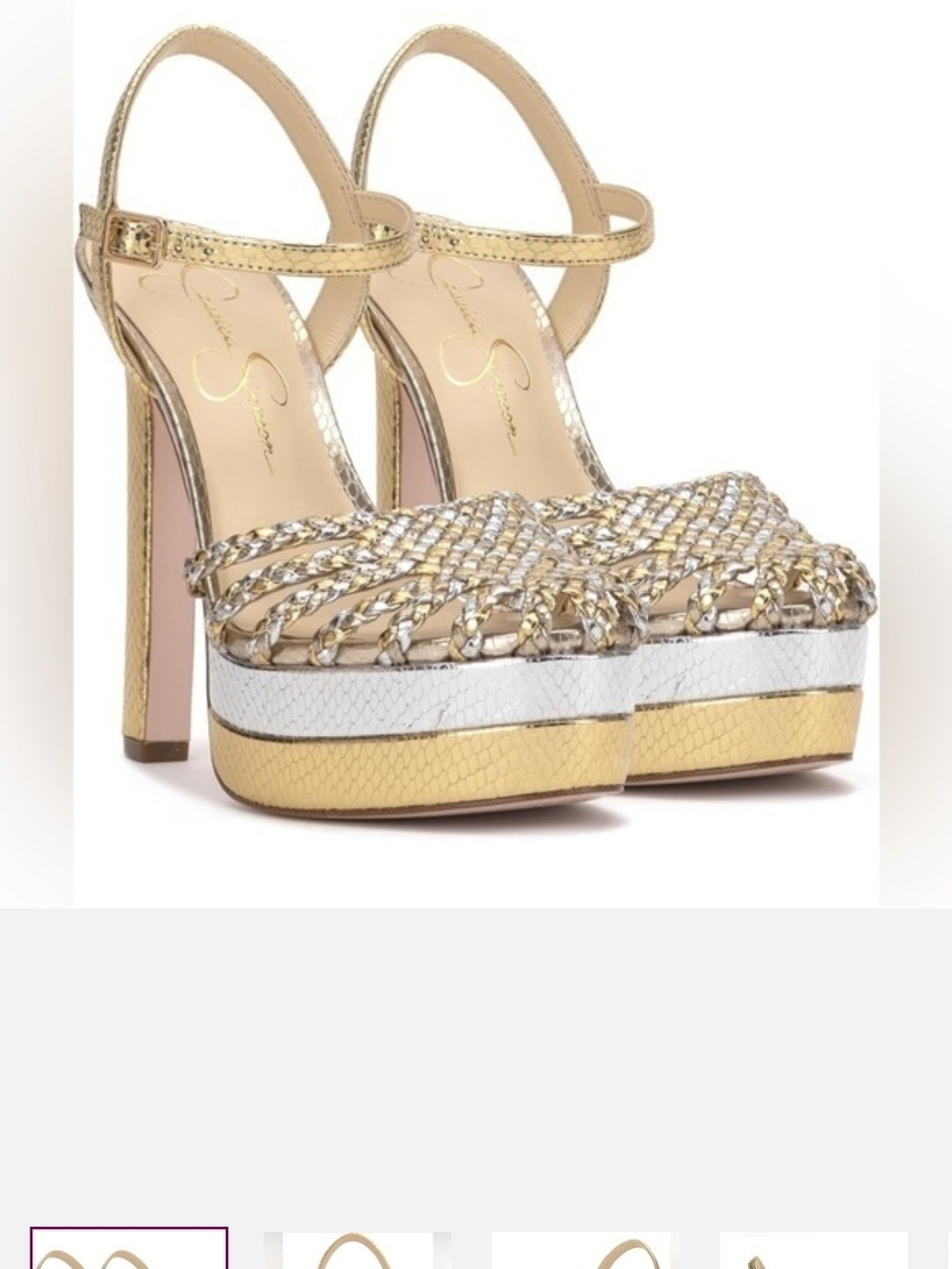 Jessica Simpson Gold and White Braided Platform Ankle-Strap Heels - Picture 2 of 7